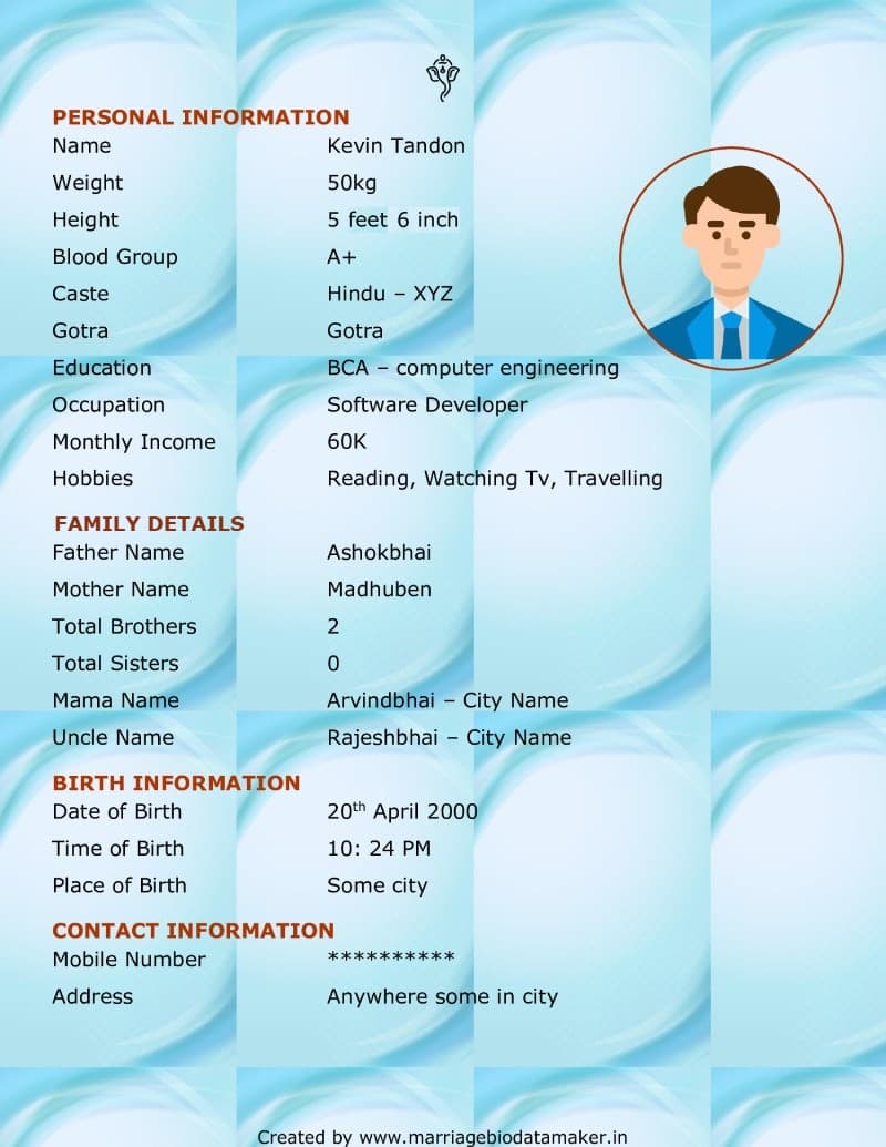 Marriage biodata format in Word – Soft blue