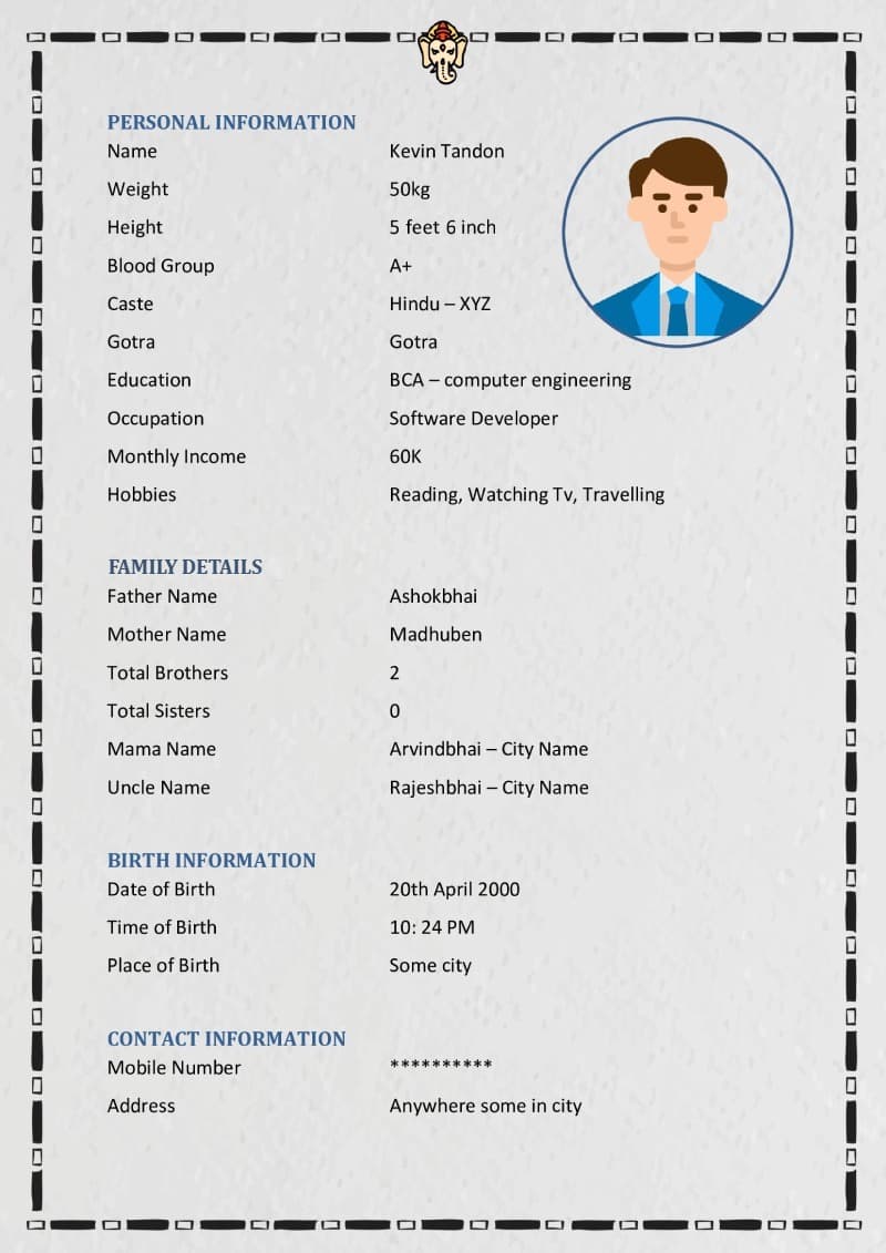 Marriage biodata format in Word – Classic border