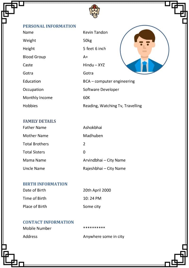 Marriage biodata format in Word – Traditional frame