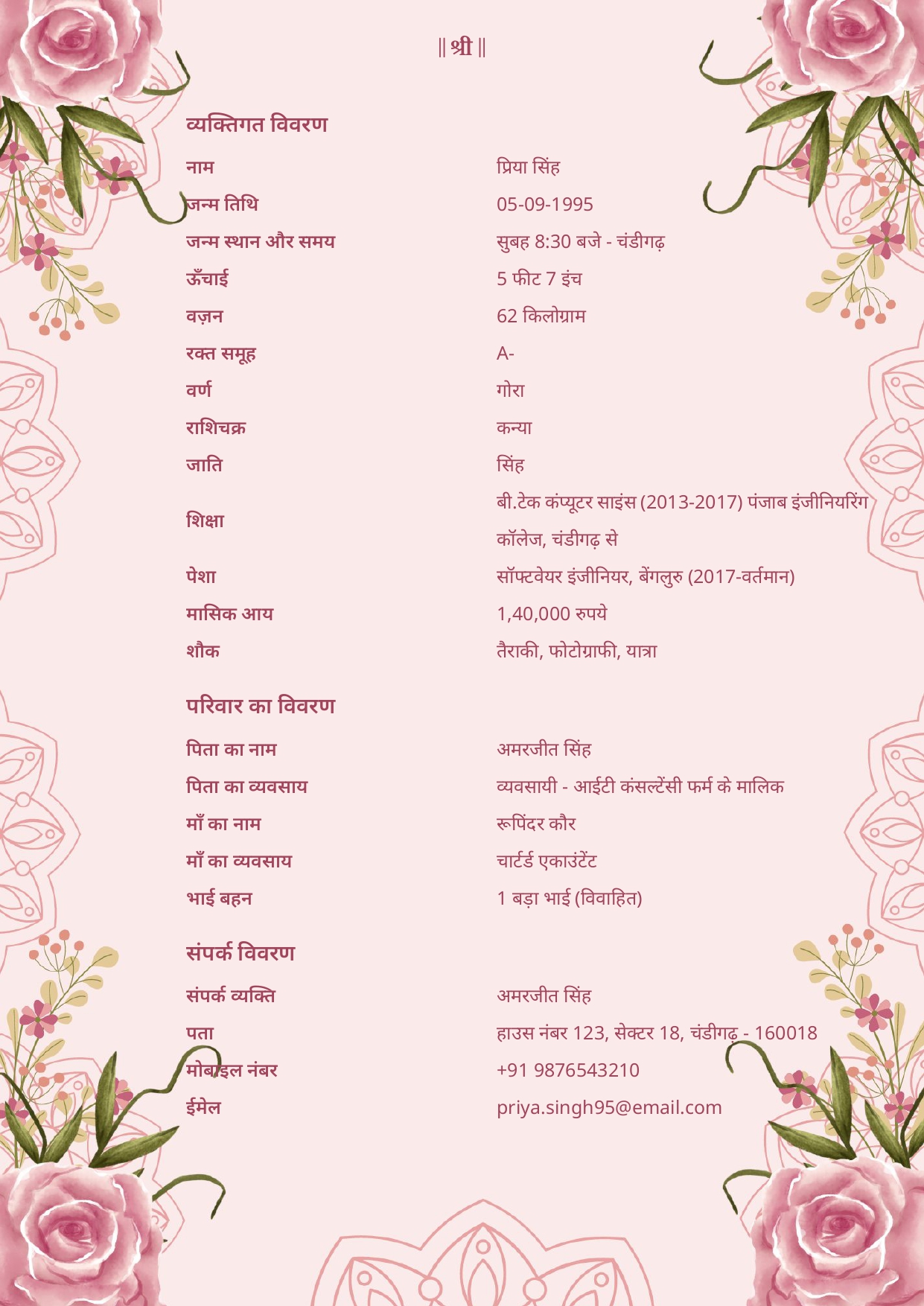 hindu marriage biodata format